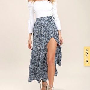 Lulu’s blue floral faux wrap maxi skirt